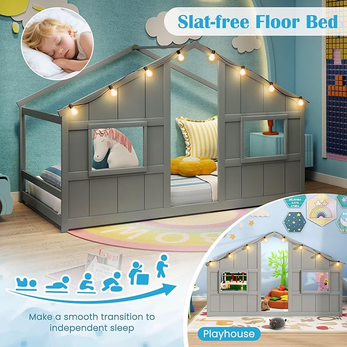 Twin Montessori Floor Bed with Roof, LED Light, Wood House Bed Frame with Headboard and 2 Windows, Low to Ground Cute Playhouse Bed for Kids, Girls, Boys, Without Slats (Grey)