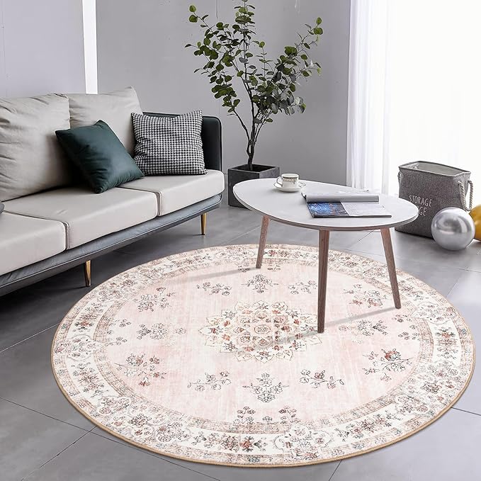 Lahome Pink Washable Round Rug 5ft, Soft Europe Vintage 5x5 Circle Rug for Nursery Kids Playroom, Non-Slip Floral Pastel Circular Carpet for Aesthetic Home Decorations Bedroom Decor