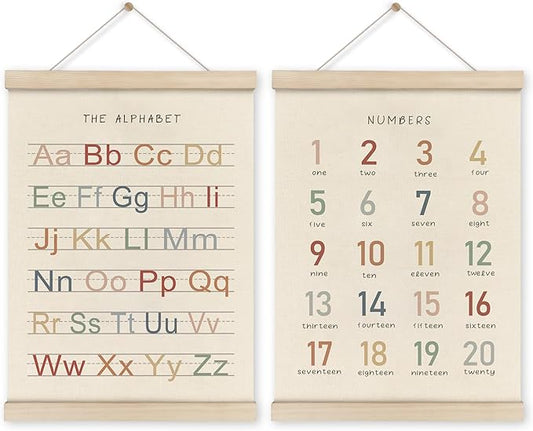 HRQKO Alphabet Numbers Poster Hanger Frame Set of 2, Nursery Wall Decor, ABC Banner Poster Wall Art with Wooden Frames, Alphabet Banner Wall Hanging Decor for Toddler Playroom Nursery, 12x16 Inch
