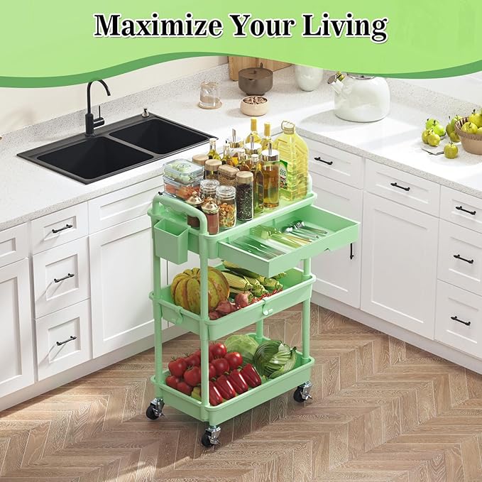 3-Tier Rolling Cart with Drawer & Lockable Wheels, Bathroom Storage Organizer Multifunctional Rolling Storage Cart for Bathroom, Kitchen, Office, Craft, Makeup, Baby Essentials, Green