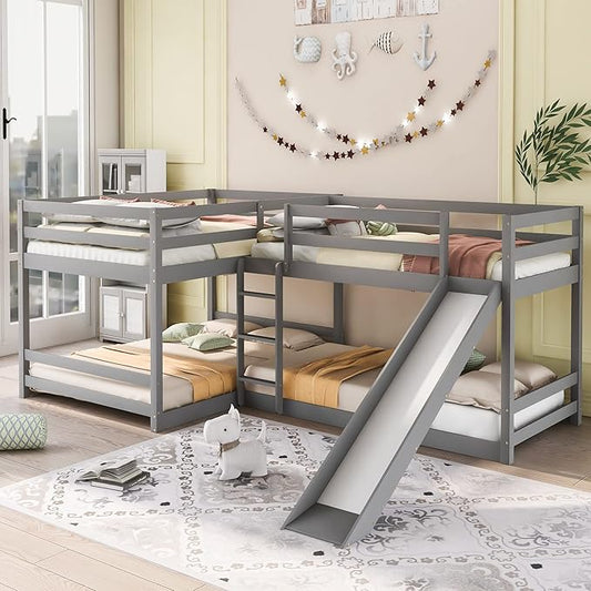 L-Shaped Full and Twin Size Bunk Bed with Slide and Short Ladde, Solid Wood 4 in 1 Design Quad Bunk Bed Frame with Safety Guardrail for Aldults Kids Teens (Gray-4)