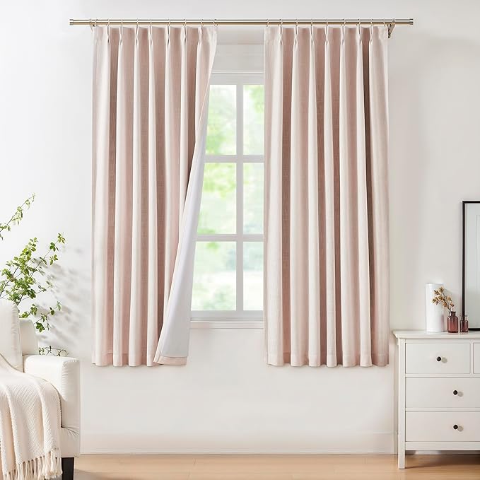 Pinch Pleated Blackout Curtain Panels with Full Blackout Liner Linen Texture Window Treatment Sets with Back Tab for Living Room Bedroom Thermal Insulated Drape with 9 Hooks, 40"x72"x2, Pink