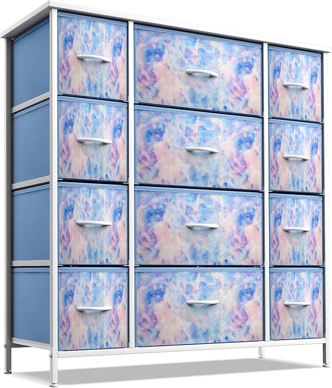 Sorbus Kids Dresser with 12 Drawers - Chest Organizer Unit with Steel Frame Wood Top & Handle, Fabric Bins for Clothes - Large Furniture for Bedroom Hallway Kids Room Nursery & Closet (Blue - Tie-dye)