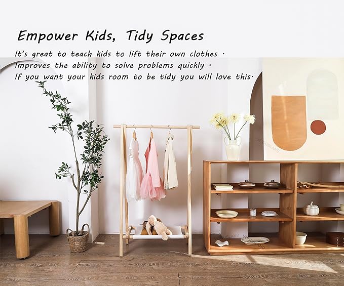 Dress up Rack, Child Garment Rack, Kids Clothing Rack with Storage Shelf (Natural Pine, 29.5" L x 14.5" W x 43.7" H)