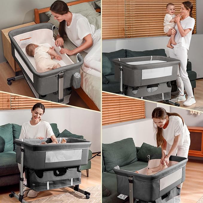 Bedside Crib,3 in 1 Baby Crib Adjustable Portable Bed for Infant,Baby Bassinet with Mosquito net Newborn Bed,Grey