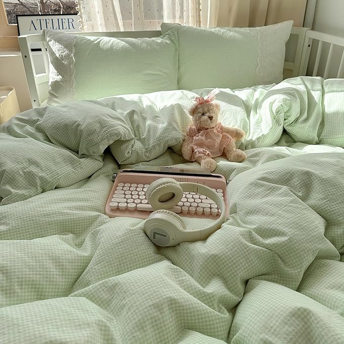 LifeTB Green Gingham Duvet Cover King 3 Pieces Romantic Lace Duvet Cover Soft Washed Microfiber Green Grid Plaid Comforter Cover with 2 Pillowcases Farmhouse Checkered Gingham Bedding Set