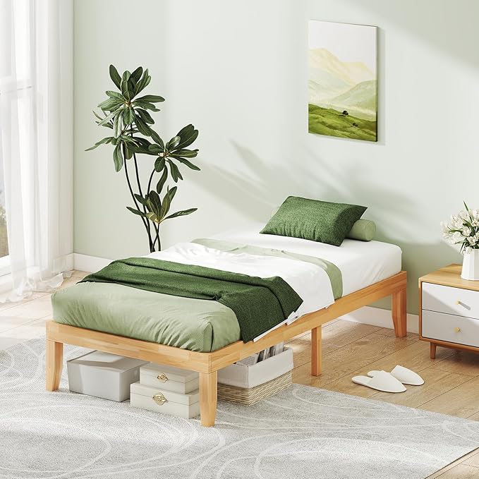 KOMFOTT 14 Inches Wood Platform Bed Frame Twin Size, Wooden Mattress Foundation with Rubber Wood Frame, Strong Slat Support, No Box Spring Needed, Bed Frame (Natural)