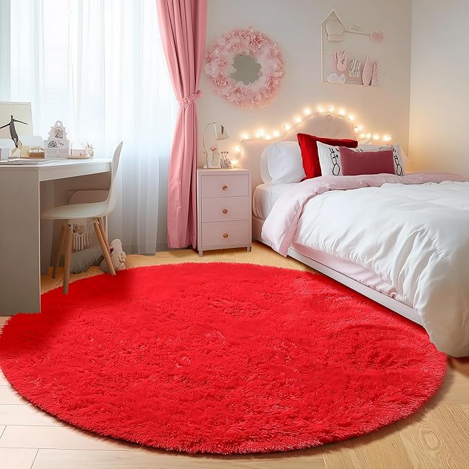 ONASAR Red Round Area Rug 4x4, Soft Bedroom Circle Rugs Floor Mat for Kids Girls Teen Room, Kawaii Fluffy Plush Shaggy Carpet for Nursery Living Room Playroom Christmas Home Decor Princess Castle