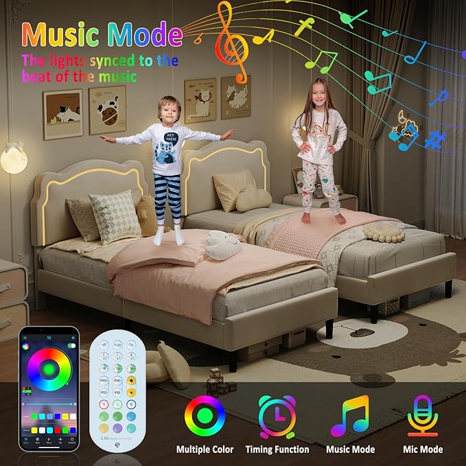 GarveeHome Twin Upholstered LED Bed Frame with Headboard, Velvet Princess Platform Bed Frame for Kids, Wooden Slats Support, No Box Spring Needed (Beige, Twin)