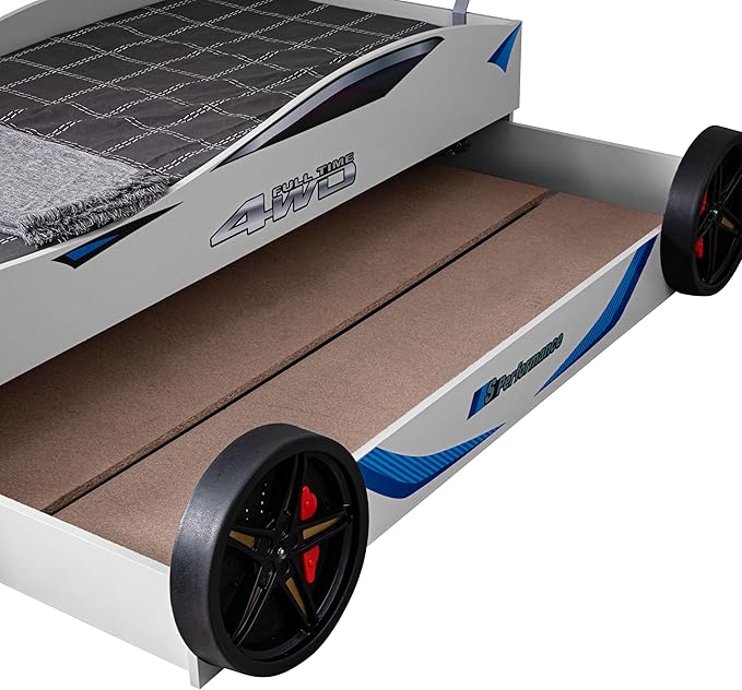 Furniture of America Redvers Modern Wood Twin-Size Kid Bed with Race Car Design and Pull-Out Trundle, No Box Spring Required for Toddler, Teens, Boys or Girls, White