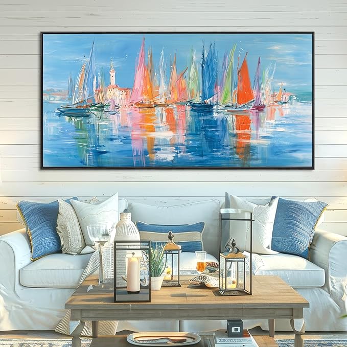 Large Framed Nautical Wall Art, Living Room Modern Coastal Wall Decor, Abstract Sailboats Seascape Paintings, Canvas Prints, Colorful Venice Coastal Scene Seaside Bedroom Bathroom Artwork, 16x30inch