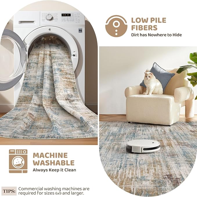 Area Rug for Living Room: 9x12 Washable Neutral Abstract Modern Soft Rugs Non Slip Indoor Floor Stain Resistant Large Carpet for Bedroom Dining Room Office Nursery - Blue Brown