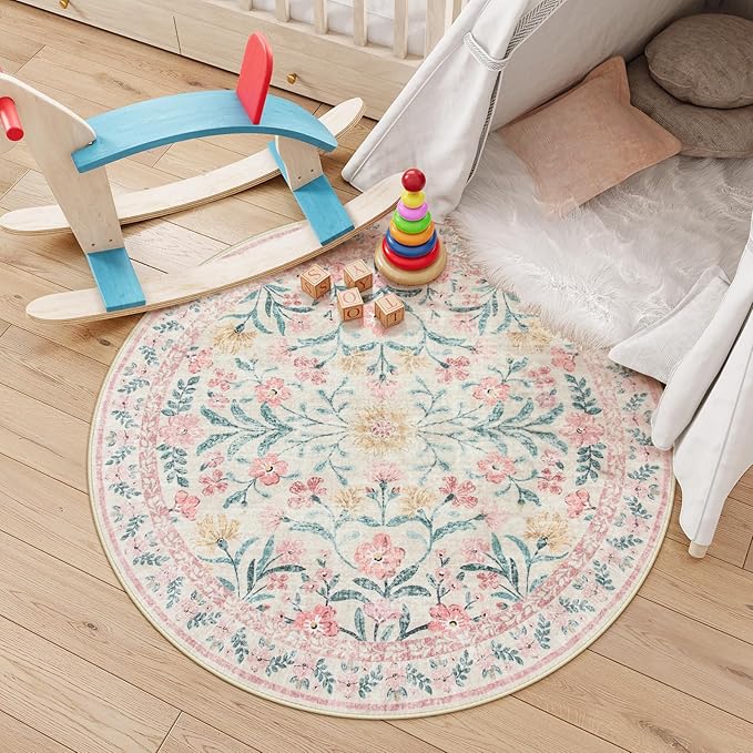Lahome Boho Light Pink Round Rug 4ft, Washable Small Circle Rugs for Bedroom Kids, Pink and Green Nursery Circular Carpet Girl Decor, Soft Non-Slip Round Carpet for Sunroom, Blush