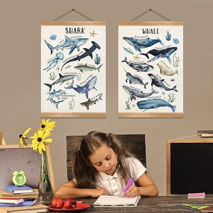 ZTGDA Sharks and Whales Posters, Sea Animals Shark Posters Wall Art,Marine Sharks Decor,Ocean Educational Poster for Kid Classroom Decorations Kids Room Home Nursery Playroom, Set of 2 (Shark-1)