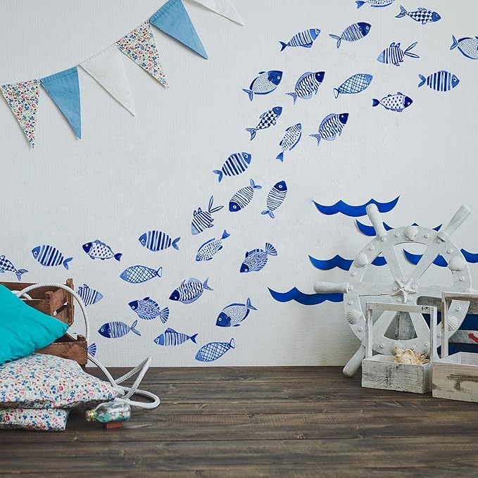 Blue Ocean Fish Wall Decals,Under The Sea Fish Wall Art Decor Stickers,Peel and Stick Ocean Vinyl Sticker for Kids Bedroom Playroom Nursery Classroom Bathroom,