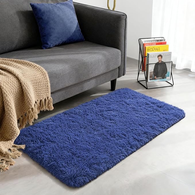 Merelax Modern Soft Fluffy Small Shaggy Rug for Bedroom Livingroom Dorm Kids Room Indoor Home Decorative, Non-Slip Plush Furry Fur Area Rugs Comfy Nursery Accent Floor Carpet 2X4 Feet, Light Navy