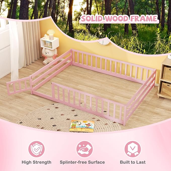 Giantex Full Floor Bed with Door & Fence, Kids Wood Montessori Beds with Safety Guardrails, Floor Bed Twin for Kids, Boys, Girls, No Box Spring Needed, Pink