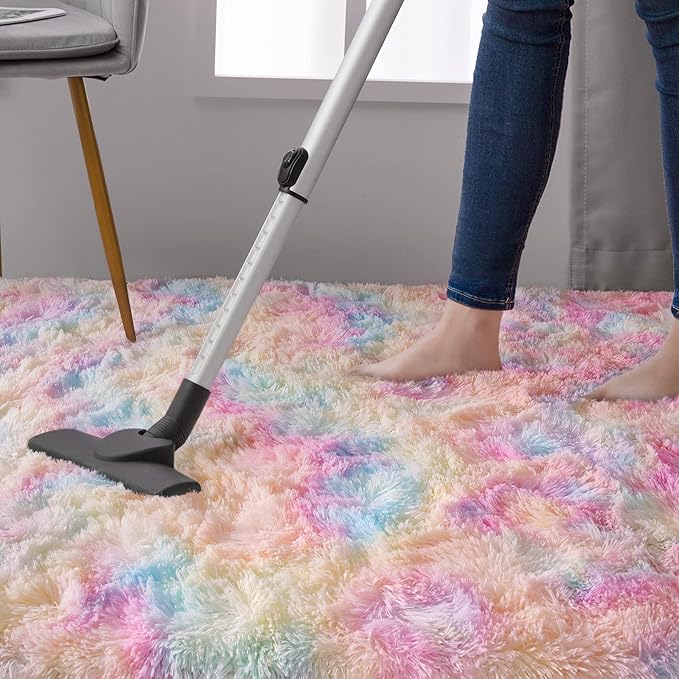 DweIke Fluffy Rainbow Rugs for Bedroom Living Room, 6x9 Large Soft Plush Shaggy Colorful Pink Girls Boys Kids Rug, Non-Slip and Machine Washable Carpet for Dorm Nursery Classroom Decor