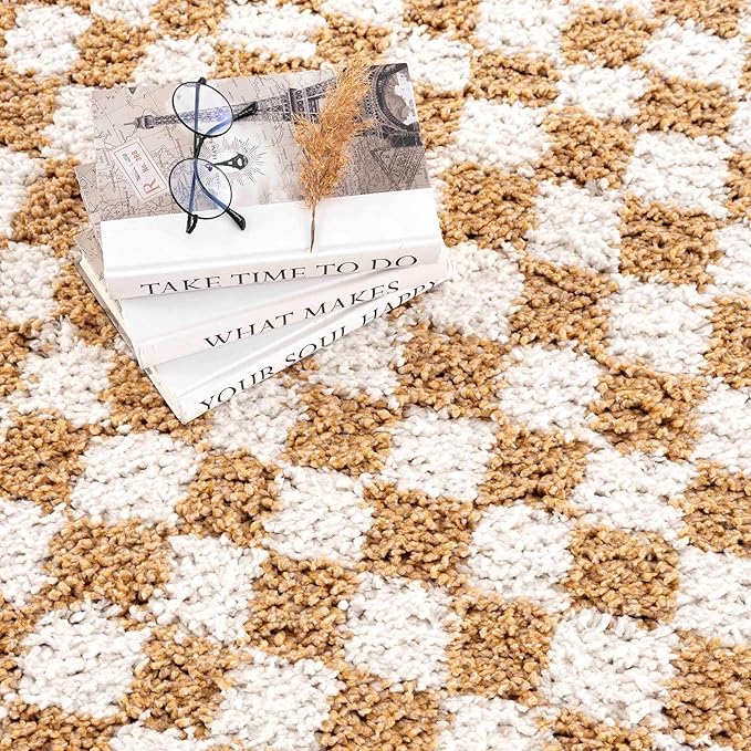 Hauteloom Kieu Contemporary Checkered Fluffy Shag Area Rug - Modern Geometric Soft Carpet Tiles for Living Room, Kids Room, Nursery - White, Yellow - 8'10" x 12'