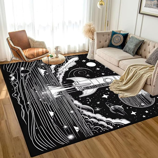 5' x 7' Space Rocket Rug for Kids Bedroom Black Stars Rugs Galaxy Carpet Planet Printed Throw Rugs for Boys Children Living Room,150x210cm