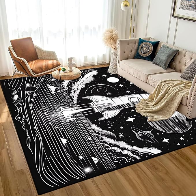 6' x 9' Space Rocket Rug for Kids Bedroom Black Stars Rugs Galaxy Carpet Planet Printed Throw Rugs for Boys Children Living Room,180x275cm