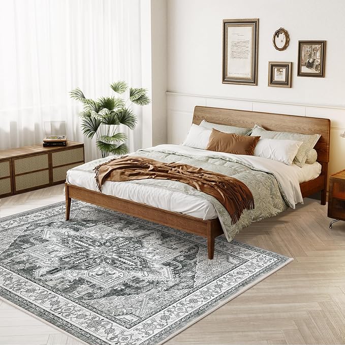 WITSHOCK Living Room Area Rugs 5x7: Washable Rug Boho Soft Non-Slip Low Pile Stain Resistant Foldable Carpet for Bedroom Playroom Dining Room Office Kitchen Farmhouse Home Decor Rug-Gray