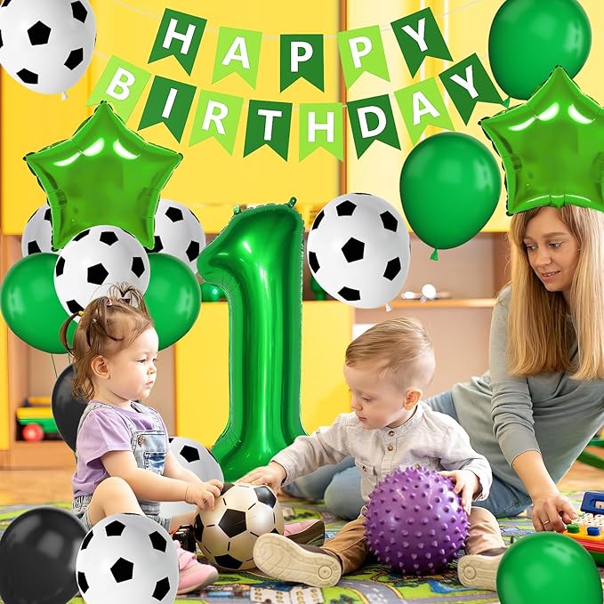 1st Soccer Birthday Decorations for Boys, Green Black Soccer Printed Balloons with 40 Inch Number 1 Star Foil Balloons Birthday Banner for 1 Year Old Soccer Sports Theme Party Decorations