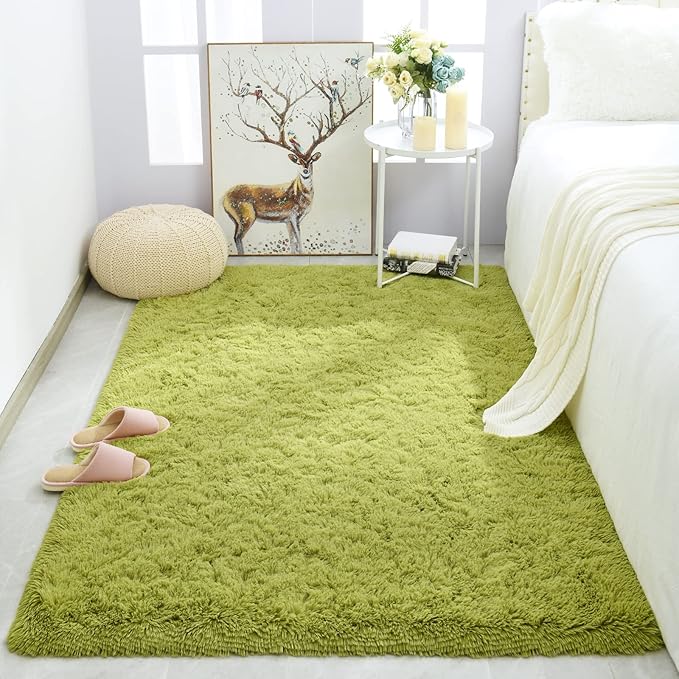 Merelax Modern Soft Fluffy Large Shaggy Rug for Bedroom Livingroom Dorm Kids Room Indoor Home Decorative, Non-Slip Plush Furry Fur Area Rugs Comfy Nursery Accent Floor Carpet 4'x6' Green