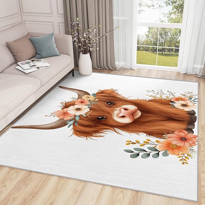 Highland Cow Rug for Nursery - 6x8 Rug - Highland Cow Rug - Cute Cartoon Farm Animal Area Rug - Floral Cattle Farmhouse Animal Rugs - Kids Baby Nursery Carpet - Home Decor