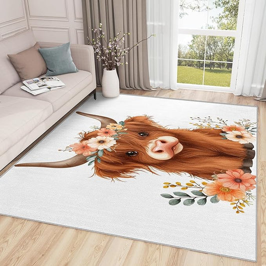 Highland Cow Rug for Nursery - 3x5 Rug - Highland Cow Rug - Cute Cartoon Farm Animal Area Rug - Floral Cattle Farmhouse Animal Rugs - Kids Baby Nursery Carpet - Home Decor