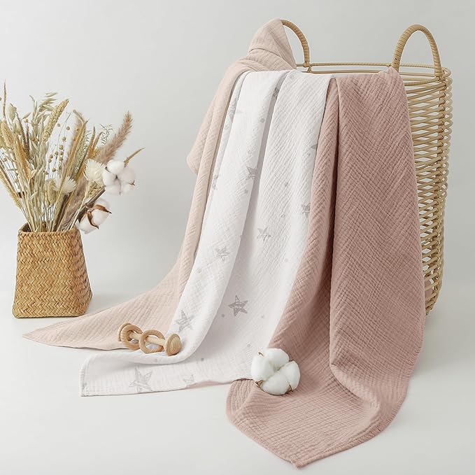Bearmoss Muslin Swaddle Blankets, 40 x 38 inches Baby Swaddle for Boys and Girls, Soft Baby Blanket, 3 Pack Breathable Nursery Receiving Blankets (Beige Star)