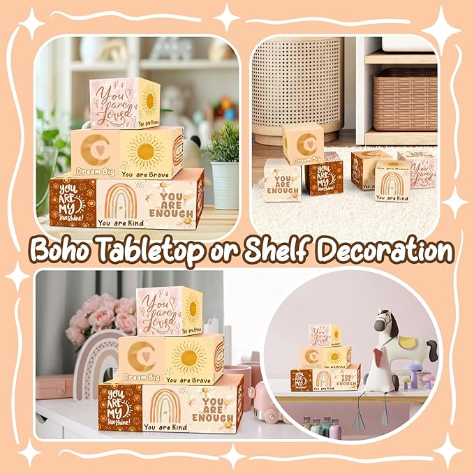 Wooden Custom Name Baby Blocks Set for Desk Table Boho Playroom Signs for Girls Boys Alphabet Inspirational Baby Room Shelf Decor Watercolor Rainbow Sun Decor for Bedroom Nursery Babies Shower Gifts