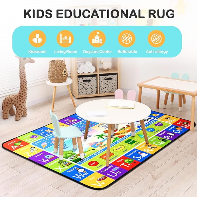 ABC Rug, Toddler Play Rug 4x6 Feet, Extra Thick (0.4in) Washable Baby Play Mat for Floor, Classroom Carpet Non-Slip for Learning, Alphabet, Nursery Mat for Crawling & Fun & Playroom Decor