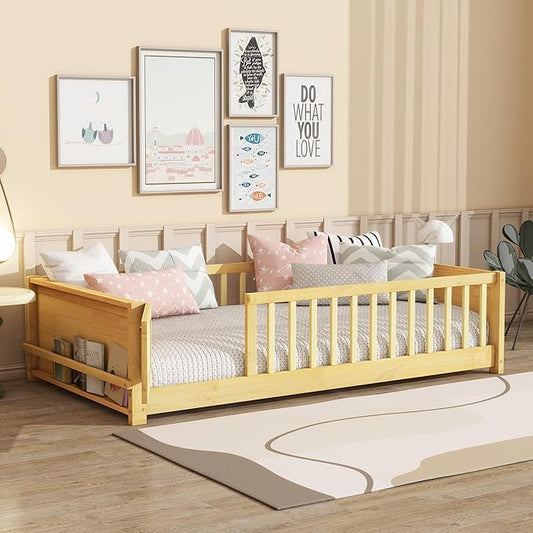 Twin Toddler Floor Bed with High Rails, Wooden Montessori Bed Frame with Door & Built-in Book Rack, Twin Size Bed Frame for Kids, Boys and Girls, Natural