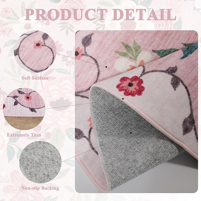 DUKINO 9x12 Area Rug, Floral Rugs for Living Room, Lightweight Non Slip Washable Rug, Indoor Low Pile & Non-Shedding Boho Design Rugs for Bedroom, Living Room, Dining Room, Pink
