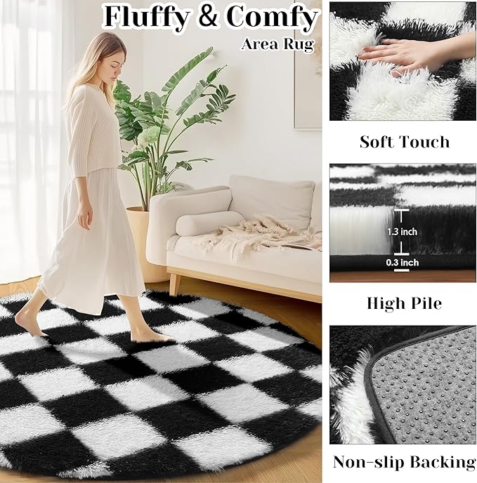 KICMOR Round Rugs 8ft Black and White Circle Area Rug, Fluffy Soft Large Fuzzy Shag Shaggy Bedroom Living Room Carpet, Indoor Checkered Circular Rug for Kids Boys Girls Home Decor Aesthetic, Nursery