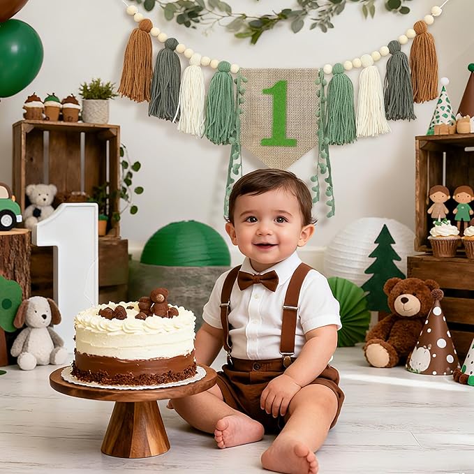 Wild One High Chair Banner Boy First Birthday Decorations,Jungle Green 1st Highchair Banner,Woodland One Year Old Party Decor Babys Themes Wood Bead Tassel Garland