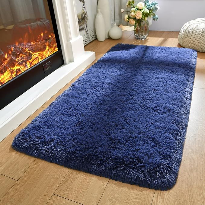Merelax Modern Soft Fluffy Small Shaggy Rug for Bedroom Livingroom Dorm Kids Room Indoor Home Decorative, Non-Slip Plush Furry Fur Area Rugs Comfy Nursery Accent Floor Carpet 2X4 Feet, Light Navy