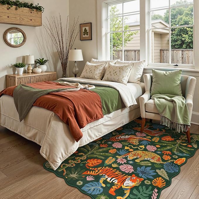 LEEVAN 3x5 Bedroom Rug Washable Tiger Kitchen Rugs Non Slip Green Entryway Mat Scalloped Bathroom Floor Pad Leopard Living Room Rug Low Pile Playroom Carpet Jungle Kids Mat