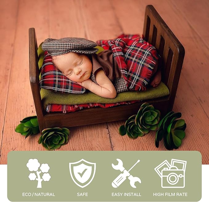 M&G House Brown Newborn Photography Props Wooden Bed Vintage Baby Photo Prop Baby Photoshoot Props Doll Bed Accessories Pretend Play Photoshoot Props