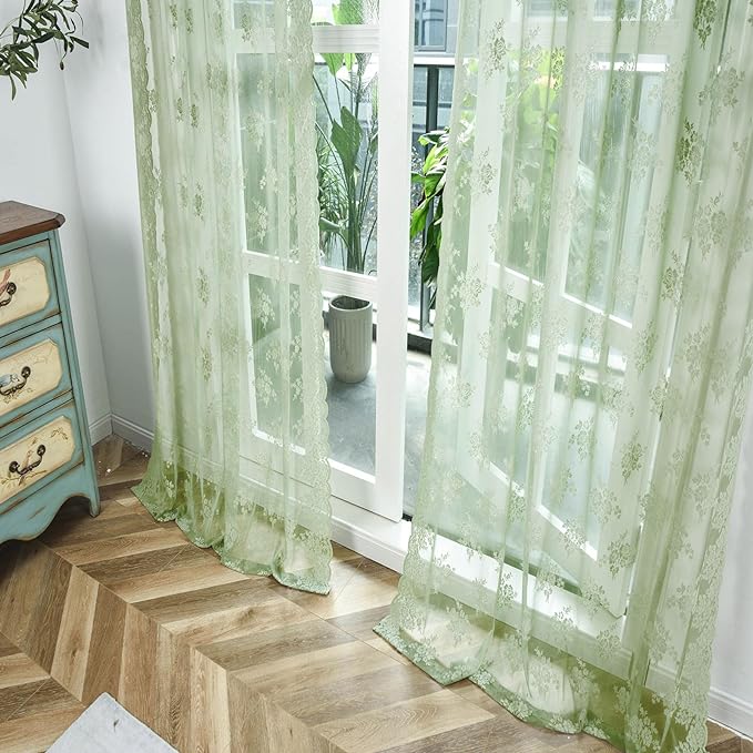 Kotile Sage Green Sheer Curtains 54 Inch Length, Rustic Floral Sheer Lace Curtains for Bedroom, Privacy Scalloped Green Lace Curtains, 52 x 54 Inch, 2 Panels, Sage Green