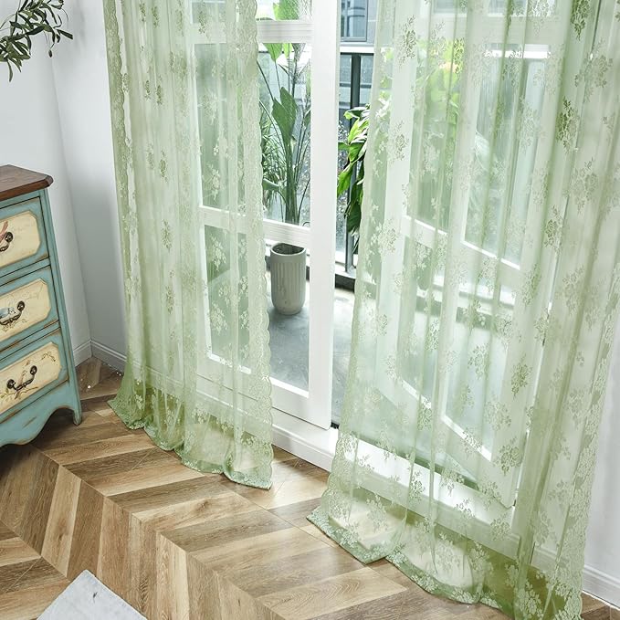 Kotile Sage Green Sheer Curtains 108 Inches Long for Living Room, Country Rustic Lace Floral Spring Sheer Curtains, Rod Pocket Privacy Sheer Window Curtains, 52 x 108 Inch, 2 Panels, Sage Green