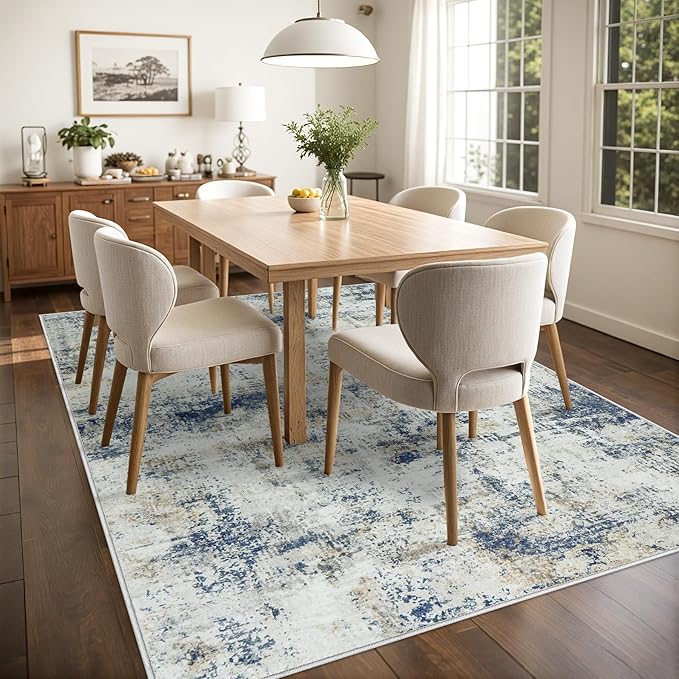 8x10 Area Rugs for Living Room Bedroom: Abstract Washable Rug with Anti-Slip Backing Non-Shedding Stain-Resistant Soft Large Carpet for Dining Room Nursery Hallway Indoor Home Office Blue Brown