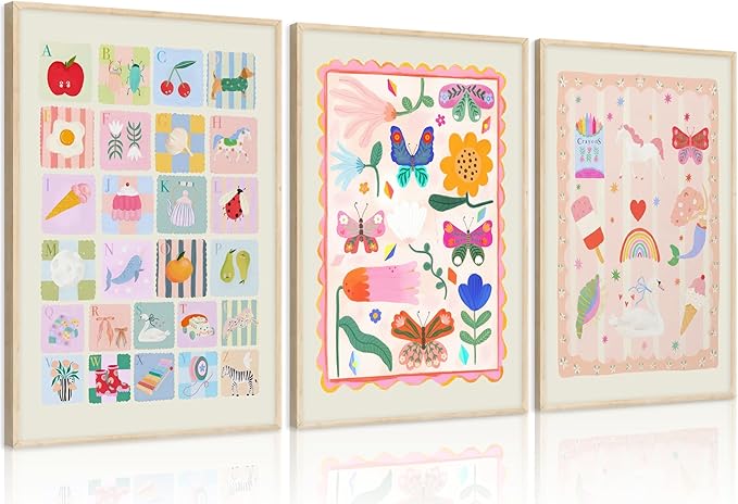 Colourful Nursery Canvas Wall Art ABC Nursery Wall Decor Pink Butterflies and Flowers Painting Picture Pastel Girl Kid Rainbow Poster Print for little Girl's Bedroom Kids Room Babys Playroom, Unframed
