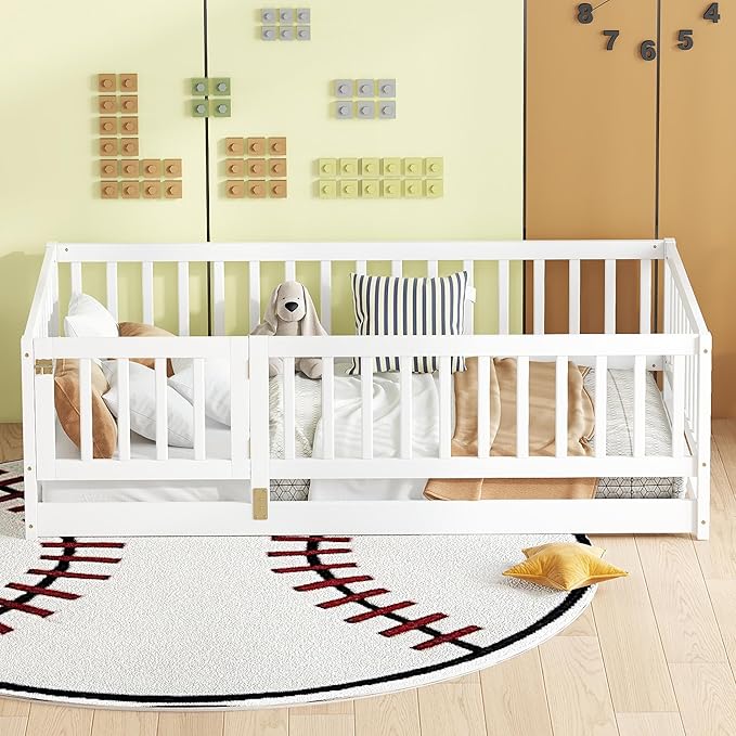 Twin Size Floor Bed Frame with Door and Slats,Montessori Floor Bed with Safety Guardrails for Girls Boys,Solid Wood Kids Montessori Bed Twin Size,White