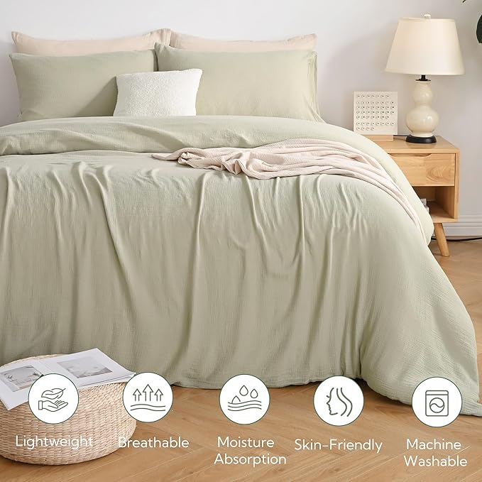MILDLY Muslin Duvet Cover Full - 100% Washed Cotton Linen Like Gauze Comforter Cover 3 Pieces Breathable & Lightweight for All Season