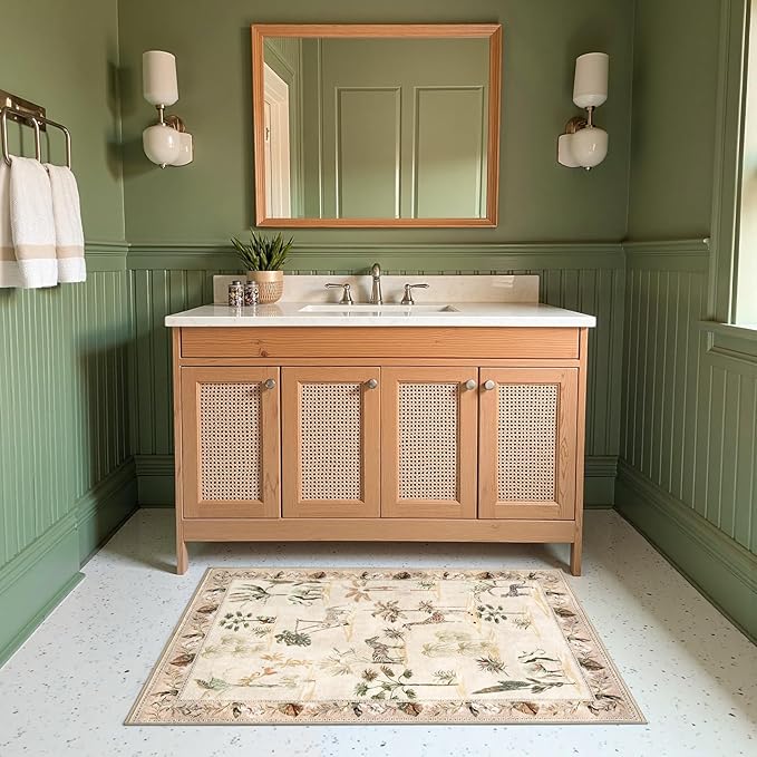 jinchan 2x3 Beige Jungle Rug for Entryway, Washable Throw Rug Animals Print Kitchen Mat, Indoor Doormat Ultra-Thin Low-Pile Non-Slip Soft Botanical Carpet for Bedroom Bathroom Entrance (2'x3', Beige)