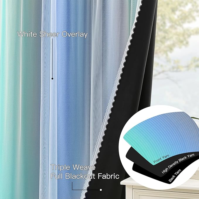 XiDi Blakout Curtains with Sheer Overlay 84 Inches Long for Bedroom 2 Panels Double Layer Rainbow Curtains for Nursery Kid Room Thermal Insulated Room Darkening Grommet Drapes Blue Green Grey 34Wx84L