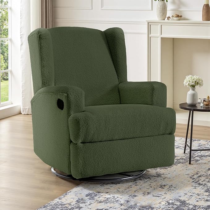 UIXE Swivel Glider Recliner Chair for Adults, Boucle High Back Accent Chair Nursery Rocker for Living Room, Upholstered Manual Reclining Sofa Seating with Deep Seat - Green