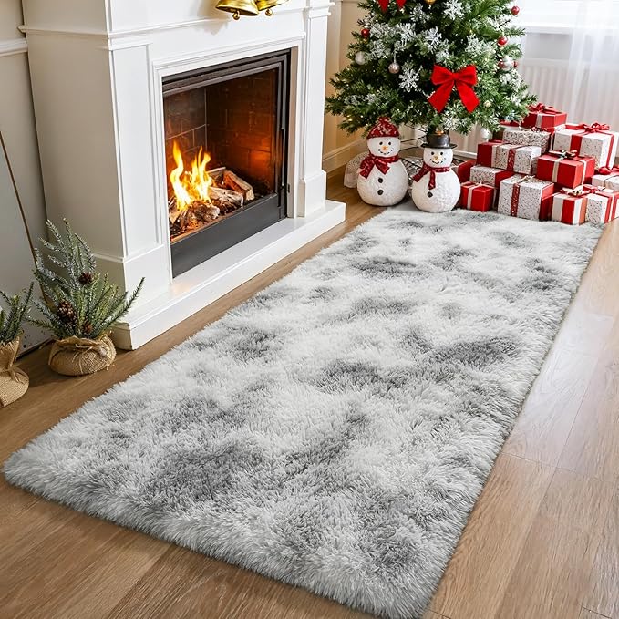 Merelax Soft 2x6 Abstract Runner Rugs for Bedroom Living Room, Tie-Dyed White Grey Plush Fluffy Rug, Shag Furry Area Rug Carpet Non-Slip for Nursery Children Kids Girls Room Home Decor Aesthetic